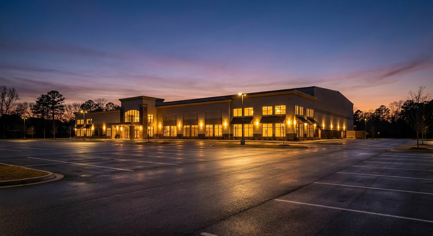 charter-bus-for-a-concert-quiet-venue-pickup-lot-at-twilight