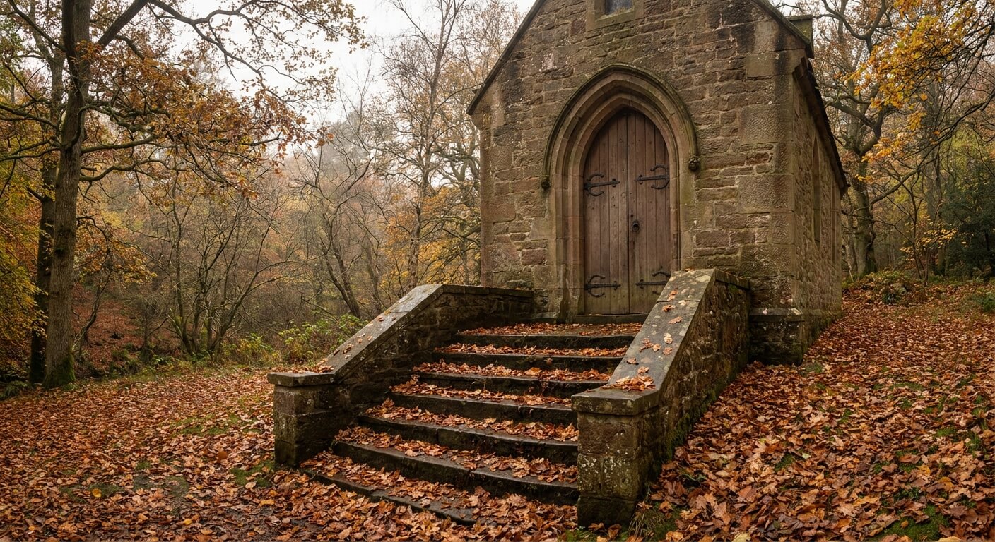funeral-charter-bus-for-family-chapel-steps-in-autumn